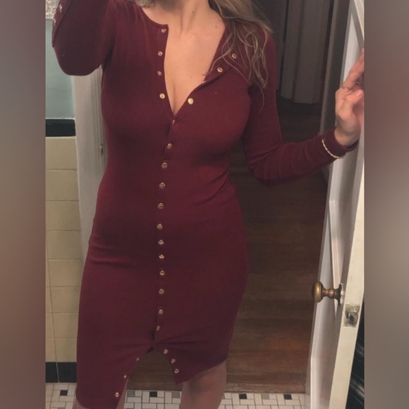 Fashion Nova| Maroon Red Long Sleeve Midi Button Up Dress With Button Detailing - Picture 6 of 15